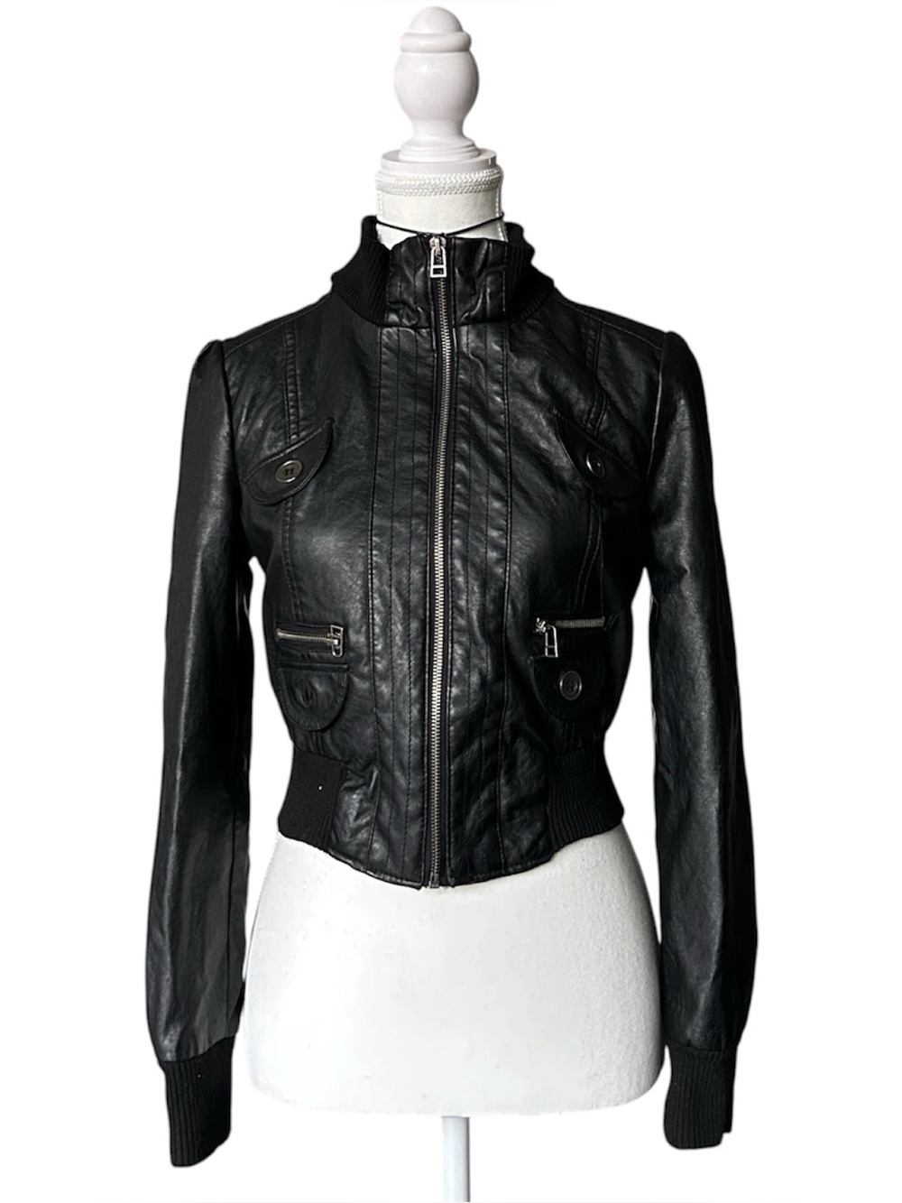 Y2K Grunge “Seductions” Black Faux Leather Biker Bomber Style Zip-up Jacket